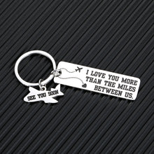 Load image into Gallery viewer, Long Distance Relationship Keychain Gifts for Boyfriend Girlfriend Couple Christmas Valentine&#39;s Day Birthday Anniversary Present I Love You More Than The Mile Between Us Jewelry for Husband Wife Lover
