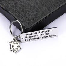 Load image into Gallery viewer, Police Keychain Graduation Gifts for Son from Mom Dad Policeman Officer Gift Birthday Present for Stepson Sheriff from Father Mother in Law Christmas Keyring Police Academy Badge Charm Him Man
