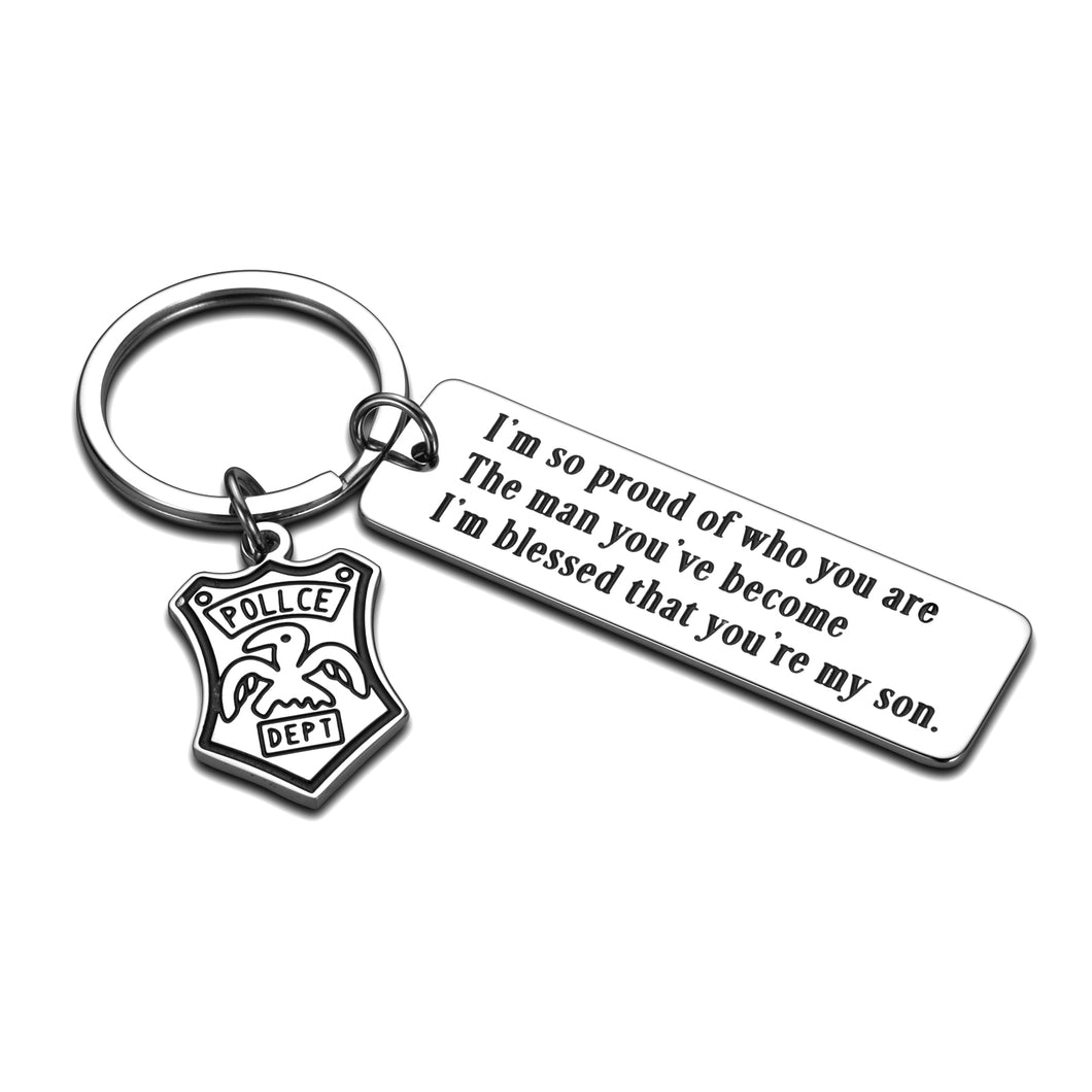 Police Keychain Graduation Gifts for Son from Mom Dad Policeman Officer Gift Birthday Present for Stepson Sheriff from Father Mother in Law Christmas Keyring Police Academy Badge Charm Him Man